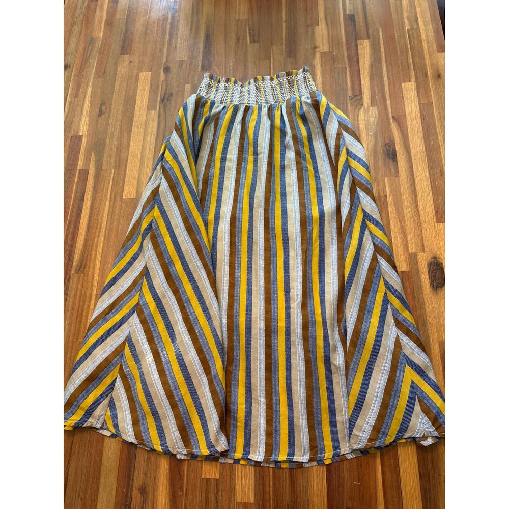 Fern & Moss Maxi Skirt Womens Small Yellow Blue Striped Smocked Excellent Boho